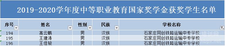 石家庄同创铁路运输中专学校2019-2020年度国家奖学金获奖名单