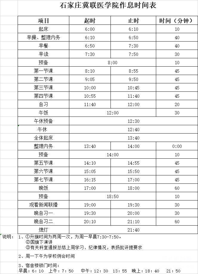 石家庄冀联医学院作息时间表