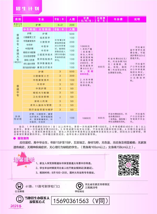 石家庄天使护士学校2023年秋季招生计划表