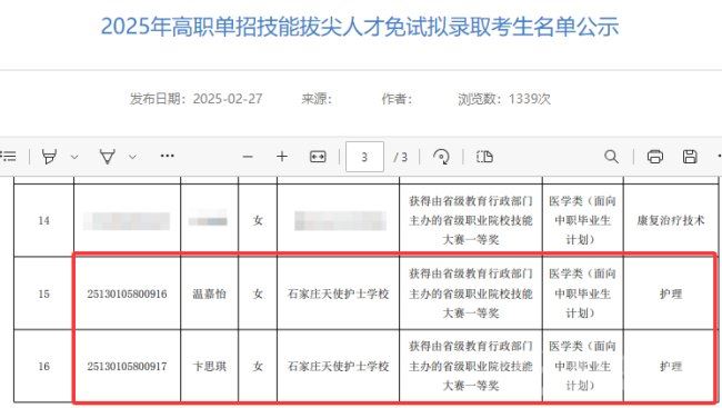 2025年沧州医专官网公布的技能拔尖人才录取名单中的温嘉怡、卞思琪